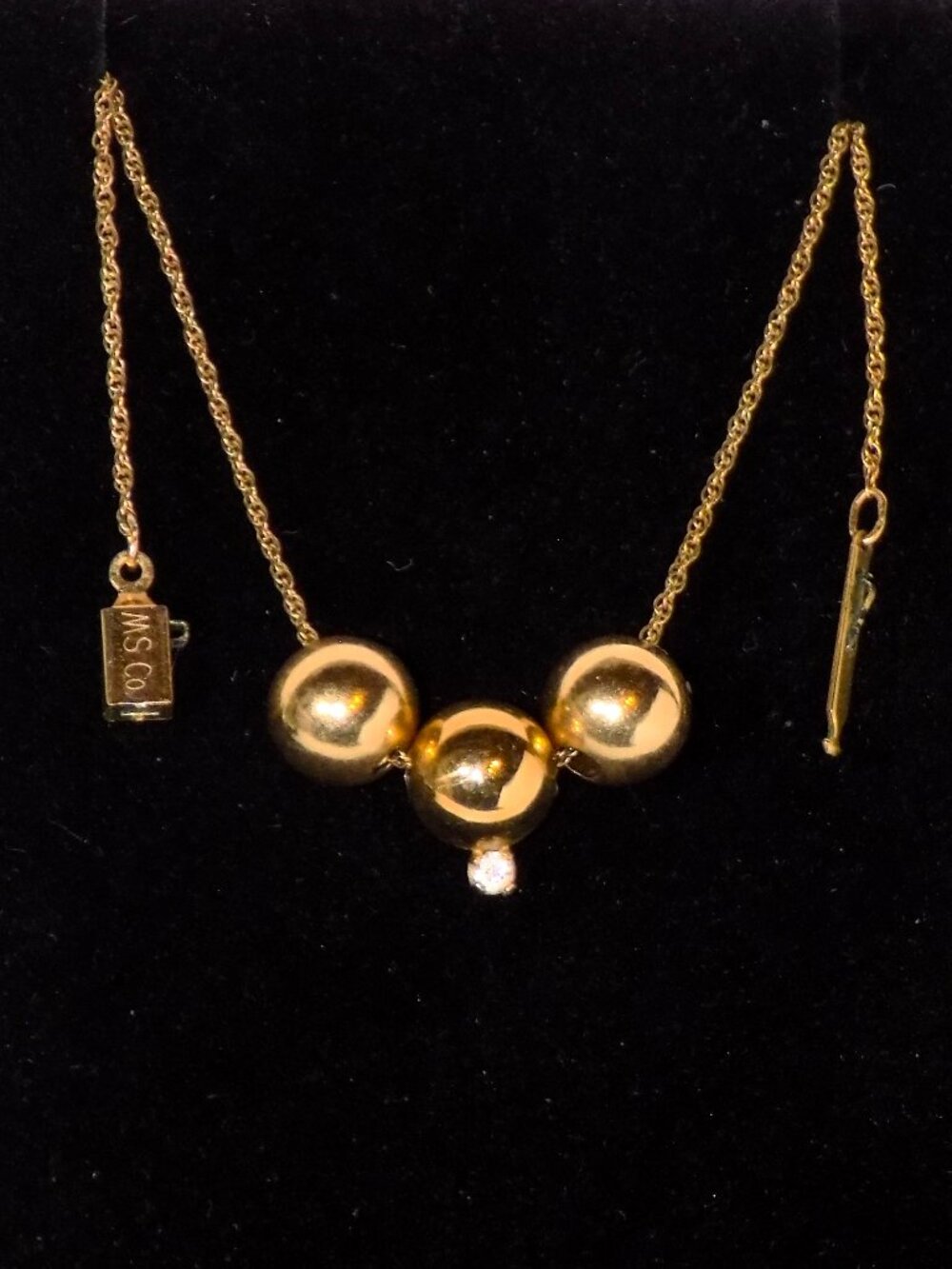 Vintage Signed MS Co. 14Kt Gold Necklace with 3 Slide Beads & Diamond Accent